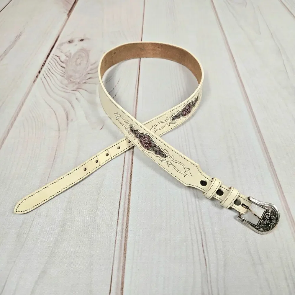 Vintage 90s Silver Creek Floral Brocade Inset Leather Western Belt White 36